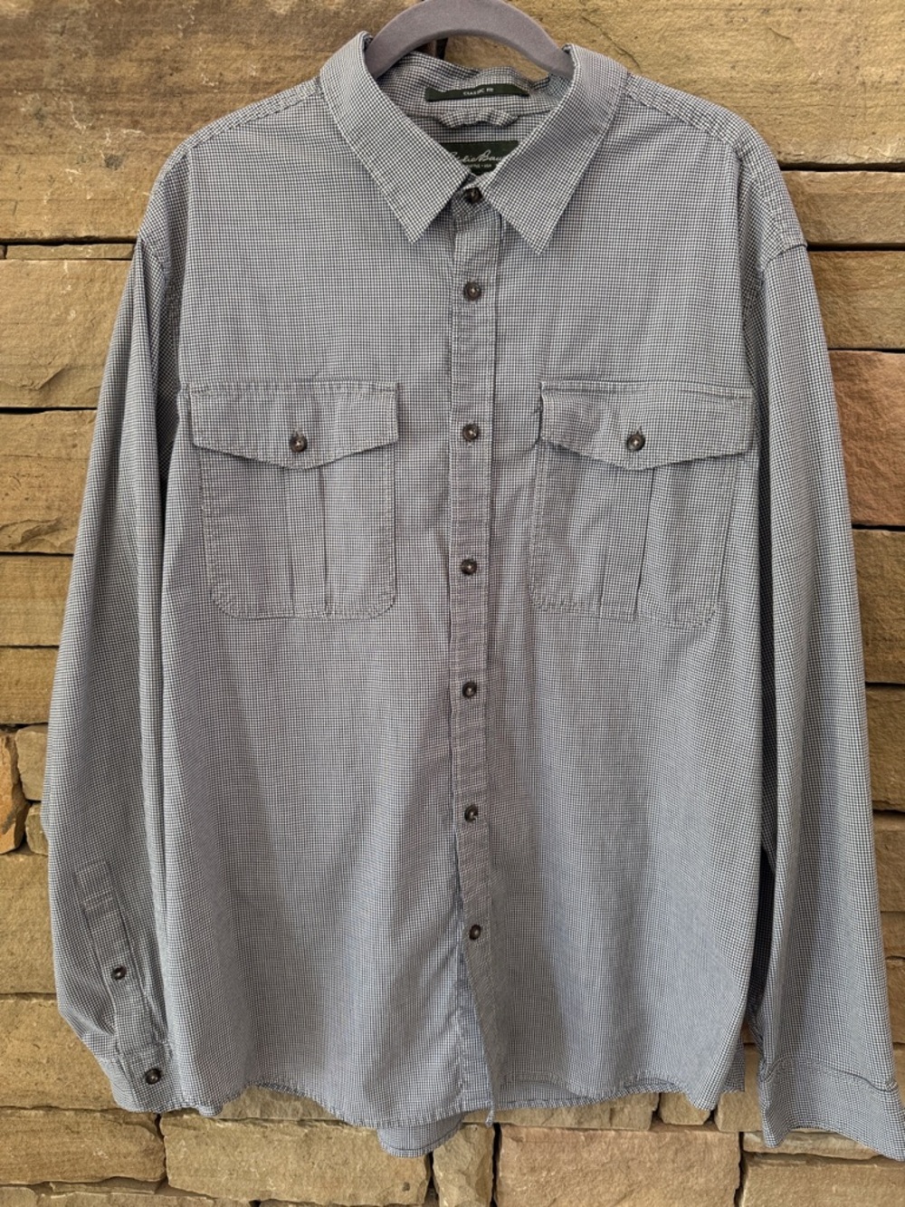 Eddie Bauer Men's Black & White Gingham Button-Down Casual Travel Shirt